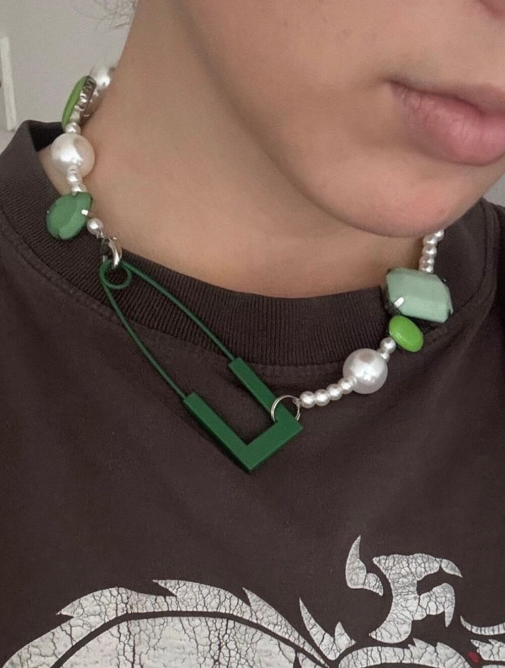 Asymmetrical Green Safety Pin Necklace (handmade by me)